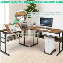 L-förmiger Schreibtisch mit neigbarer Tischplatte unterem Bücherregal & CPU-Ständer Zeichentisch Computertisch 170 x 150 x 75 cm
