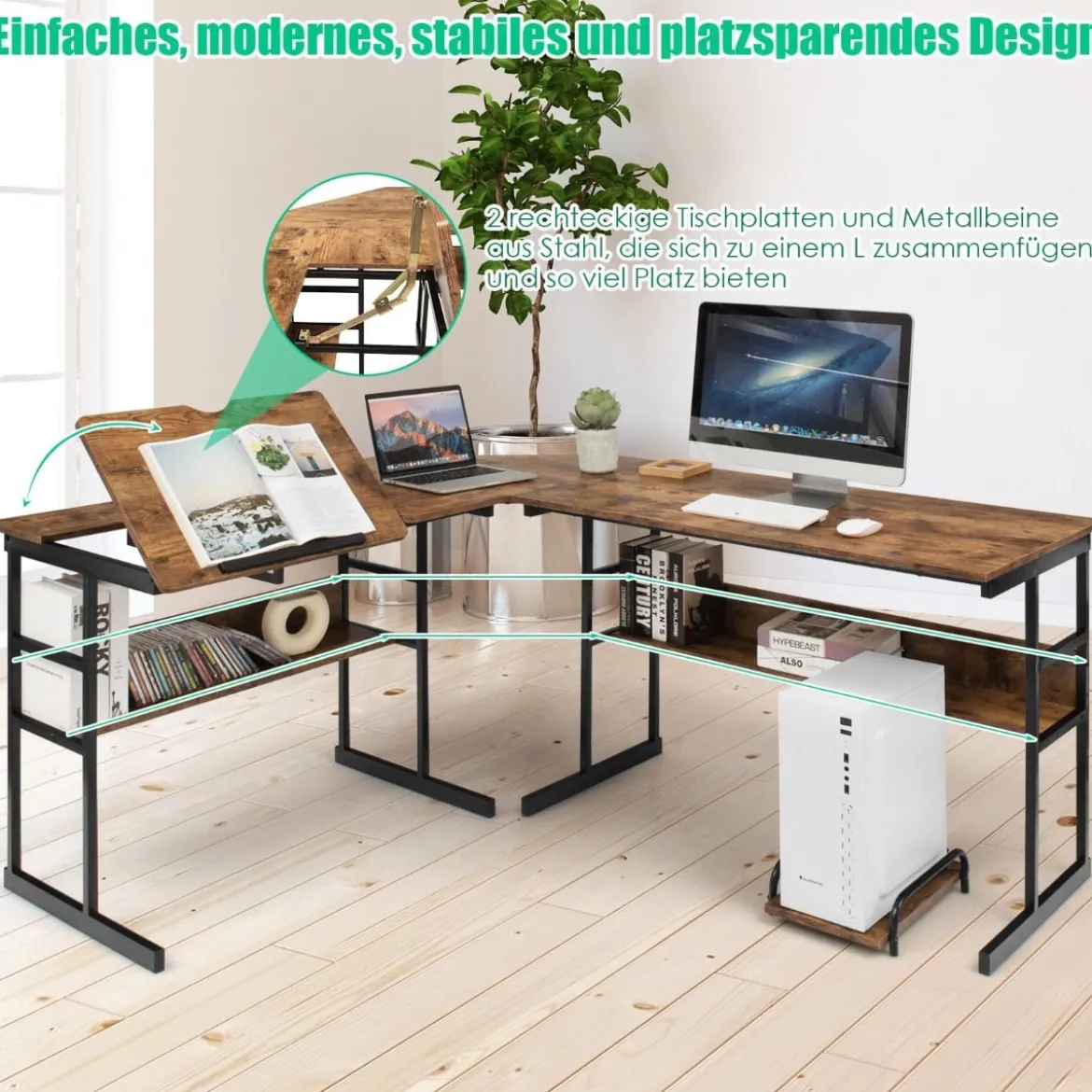 L-förmiger Schreibtisch mit neigbarer Tischplatte unterem Bücherregal & CPU-Ständer Zeichentisch Computertisch 170 x 150 x 75 cm