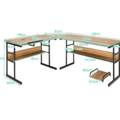 L-förmiger Schreibtisch mit neigbarer Tischplatte unterem Bücherregal & CPU-Ständer Zeichentisch Computertisch 170 x 150 x 75 cm