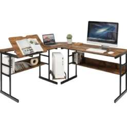 L-förmiger Schreibtisch mit neigbarer Tischplatte unterem Bücherregal & CPU-Ständer Zeichentisch Computertisch 170 x 150 x 75 cm