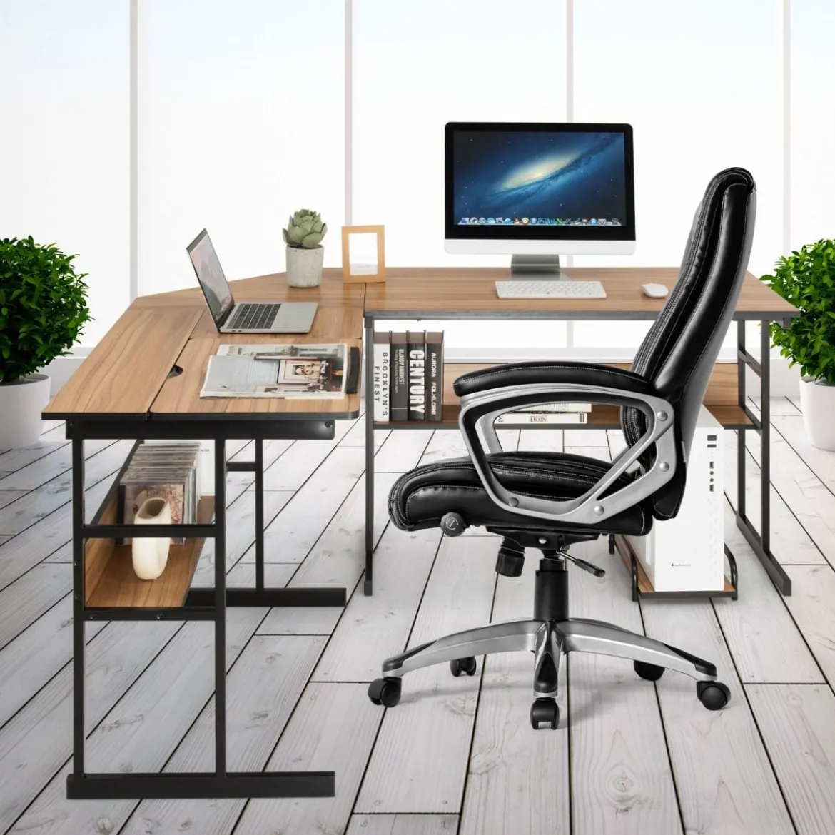 L-förmiger Schreibtisch mit neigbarer Tischplatte unterem Bücherregal & CPU-Ständer Zeichentisch Computertisch 170 x 150 x 75 cm