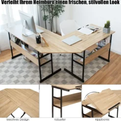 L-förmiger Schreibtisch mit neigbarer Tischplatte unterem Bücherregal & CPU-Ständer Zeichentisch Computertisch 170 x 150 x 75 cm