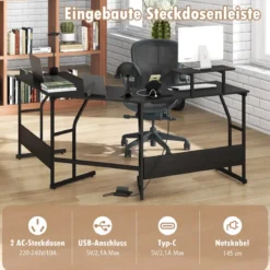 L-förmiger Schreibtisch mit Steckdose & Beweglichem Monitorständer Eck Computertisch
