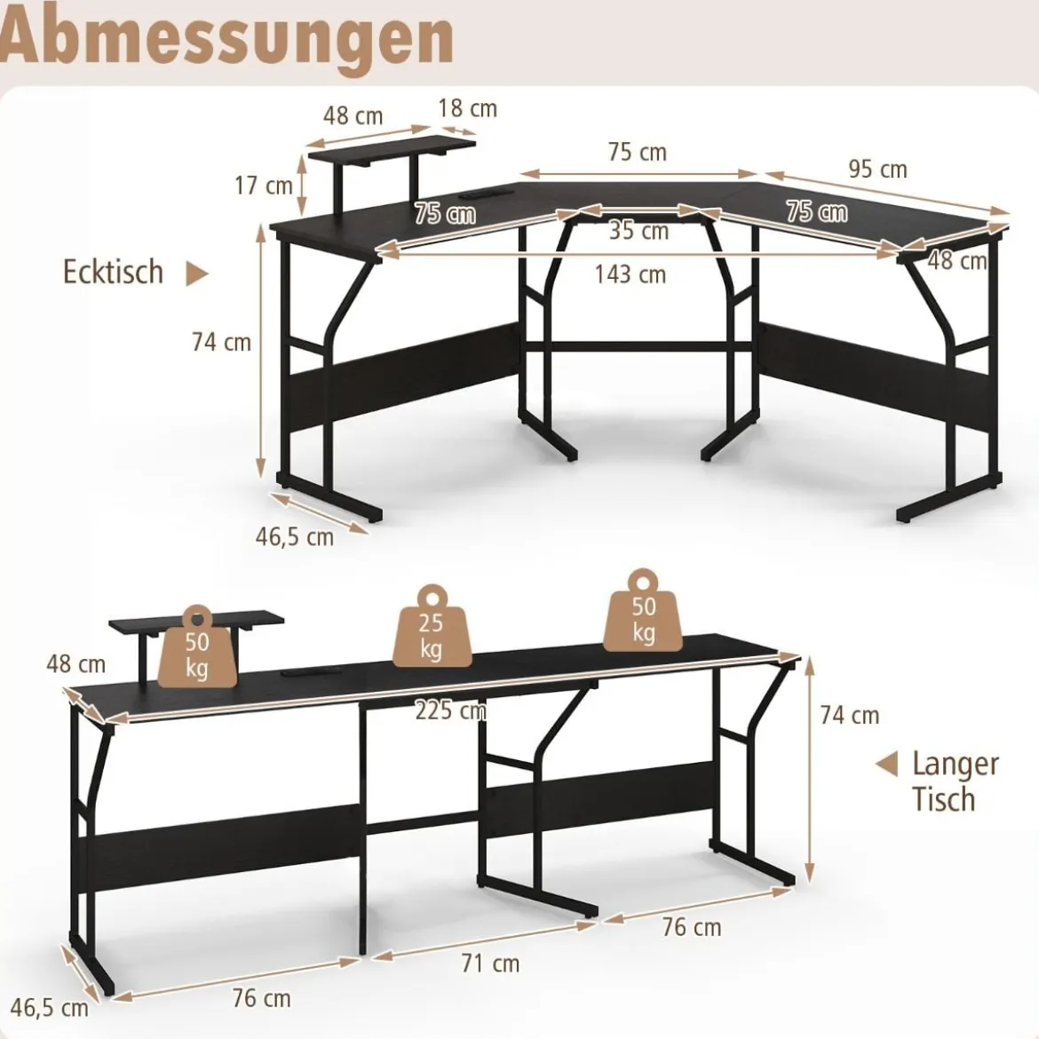 L-förmiger Schreibtisch mit Steckdose & Beweglichem Monitorständer Eck Computertisch