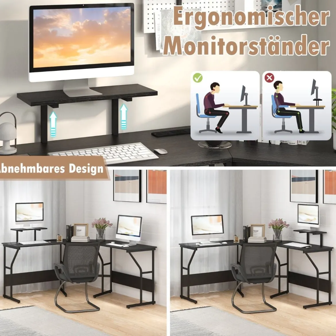 L-förmiger Schreibtisch mit Steckdose & Beweglichem Monitorständer Eck Computertisch