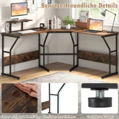 L-förmiger Schreibtisch mit Steckdose & Beweglichem Monitorständer Eck Computertisch
