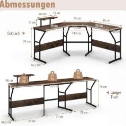 L-förmiger Schreibtisch mit Steckdose & Beweglichem Monitorständer Eck Computertisch