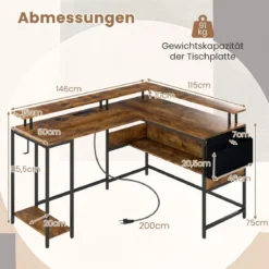 L-förmiger Schreibtisch mit Steckdosen & LED-Beleuchtung & Monitorständer Eckschreibtisch