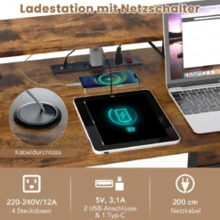 L-förmiger Schreibtisch mit Steckdosen & LED-Beleuchtung & Monitorständer Eckschreibtisch