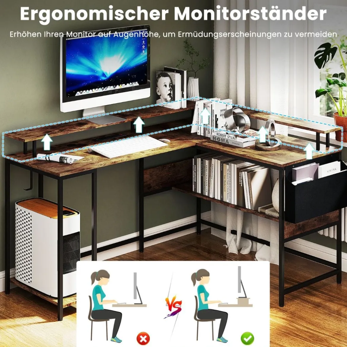 L-förmiger Schreibtisch mit Steckdosen & LED-Beleuchtung & Monitorständer Eckschreibtisch