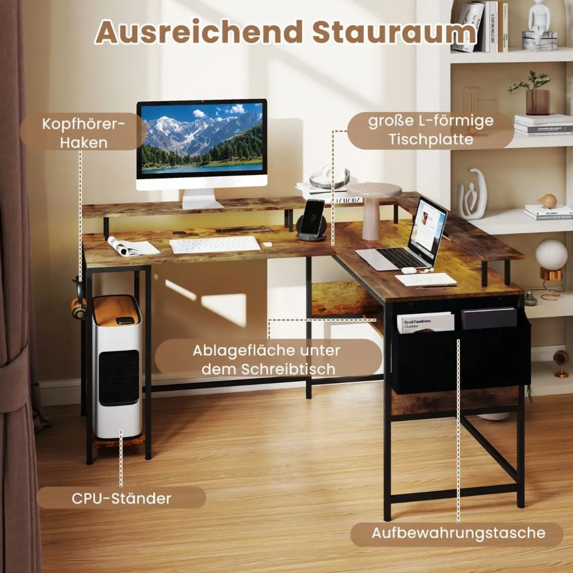 L-förmiger Schreibtisch mit Steckdosen & LED-Beleuchtung & Monitorständer Eckschreibtisch