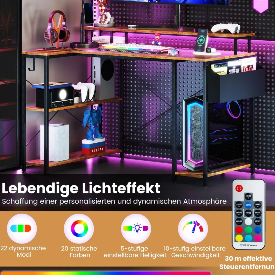 L-förmiger Schreibtisch mit Steckdosen & LED-Beleuchtung Gaming Computertisch Schwarz/Rustikales Braun