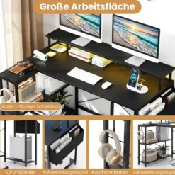 L-förmiger Schreibtisch mit Steckdosen & LED-Beleuchtung Gaming Computertisch Schwarz/Rustikales Braun