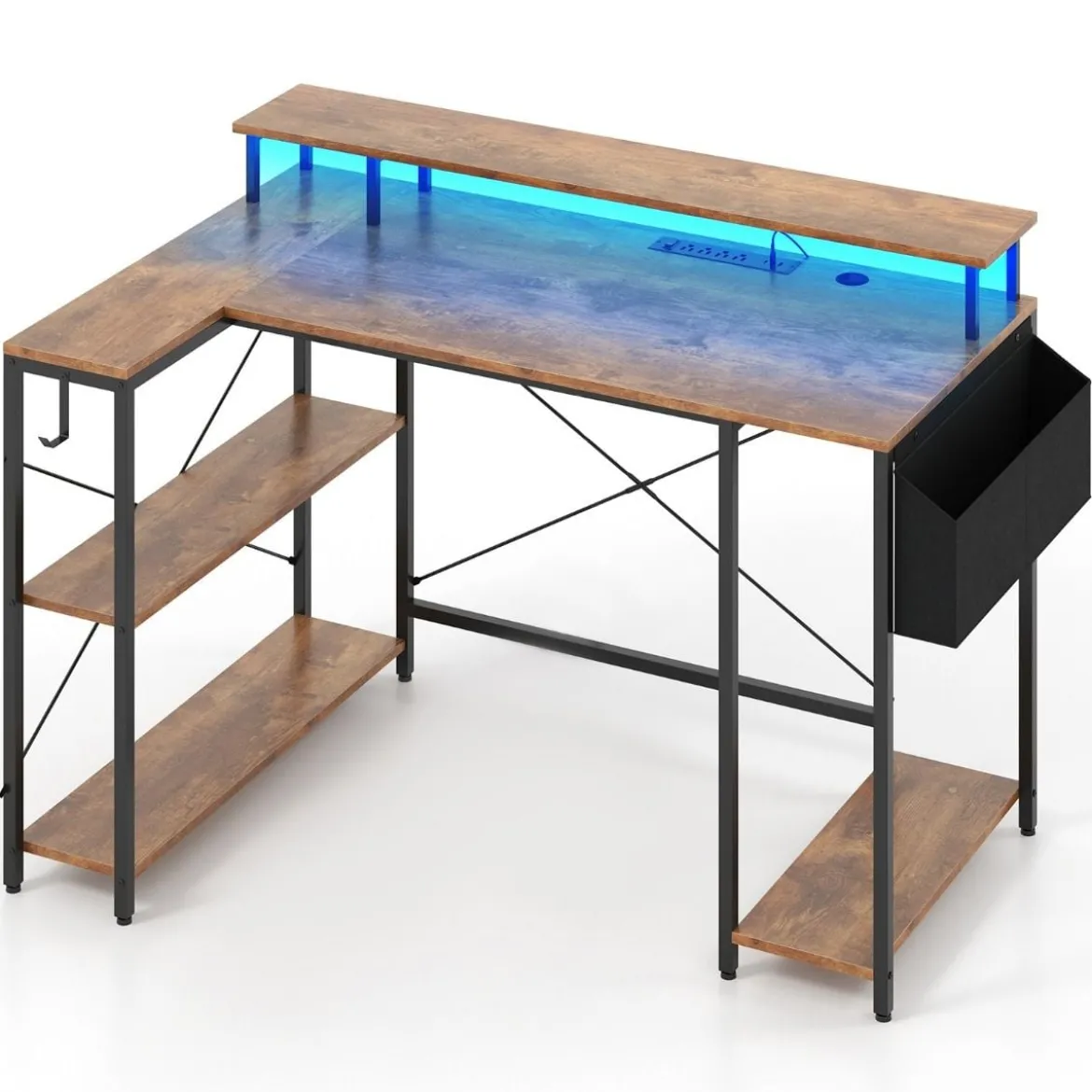 L-förmiger Schreibtisch mit Steckdosen & LED-Beleuchtung Gaming Computertisch Schwarz/Rustikales Braun