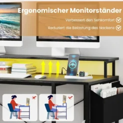 L-förmiger Schreibtisch mit Steckdosen & LED-Beleuchtung Gaming Computertisch Schwarz/Rustikales Braun