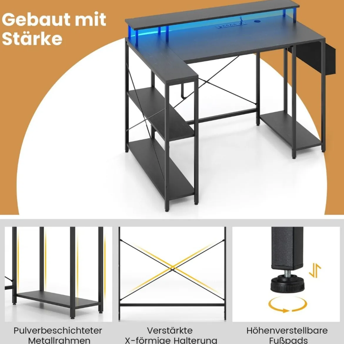 L-förmiger Schreibtisch mit Steckdosen & LED-Beleuchtung Gaming Computertisch Schwarz/Rustikales Braun