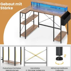 L-förmiger Schreibtisch mit Steckdosen & LED-Beleuchtung Gaming Computertisch Schwarz/Rustikales Braun