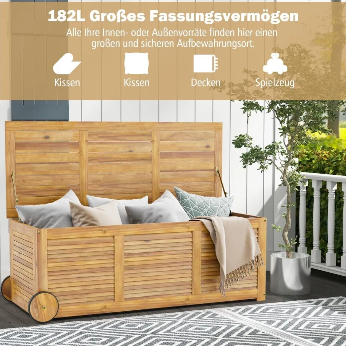 182L Gartenbox aus Holz auf Rollen mit Wasserfester Innentasche & Griff 127 x 50 x 45 cm