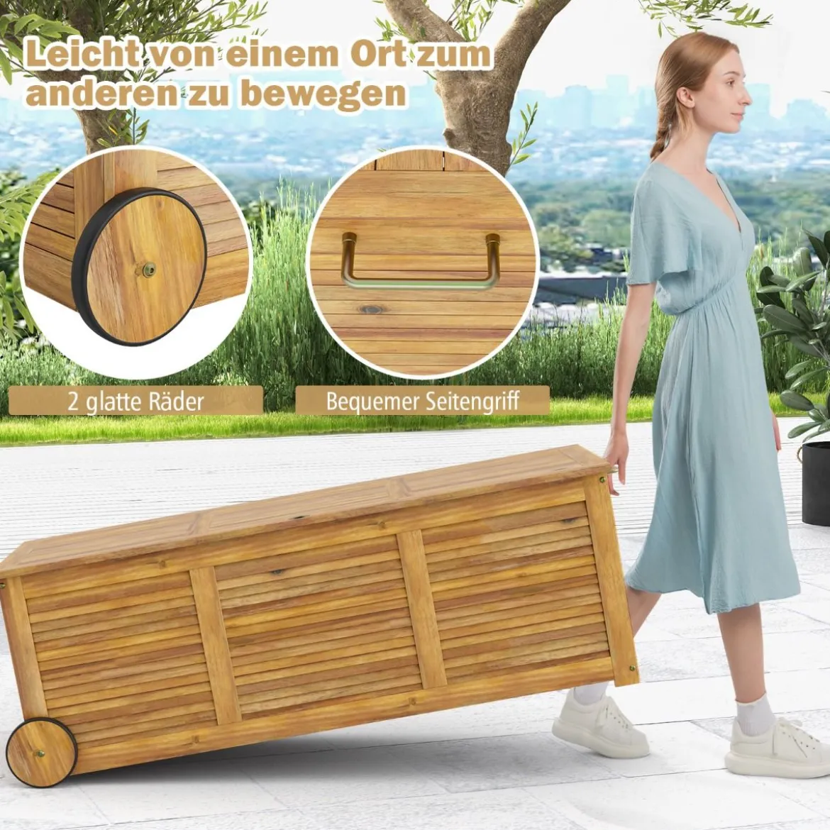 182L Gartenbox aus Holz auf Rollen mit Wasserfester Innentasche & Griff 127 x 50 x 45 cm