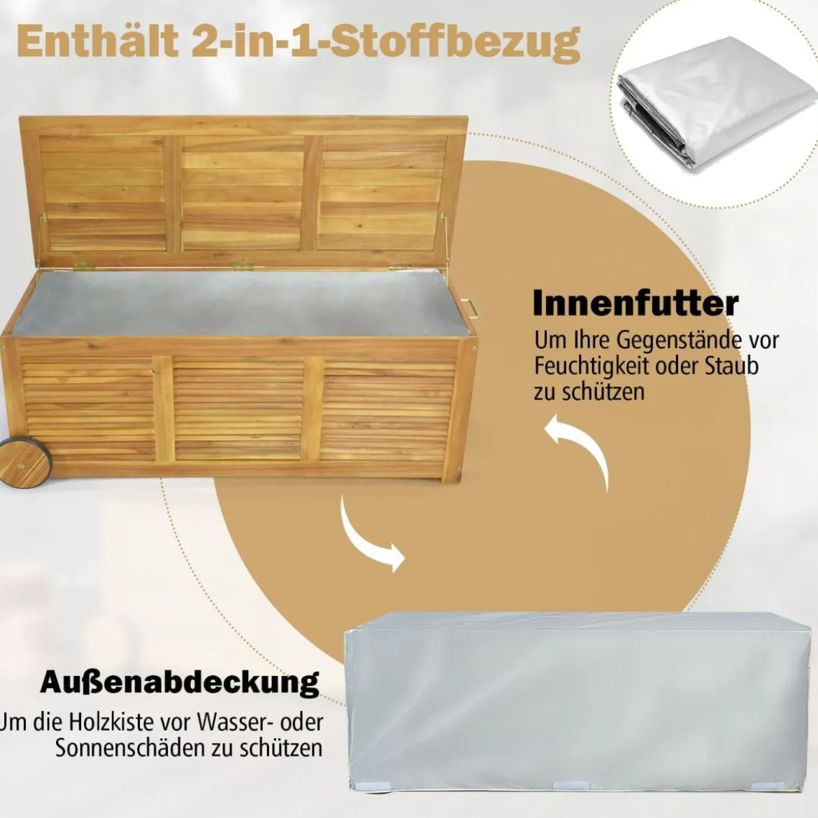 182L Gartenbox aus Holz auf Rollen mit Wasserfester Innentasche & Griff 127 x 50 x 45 cm