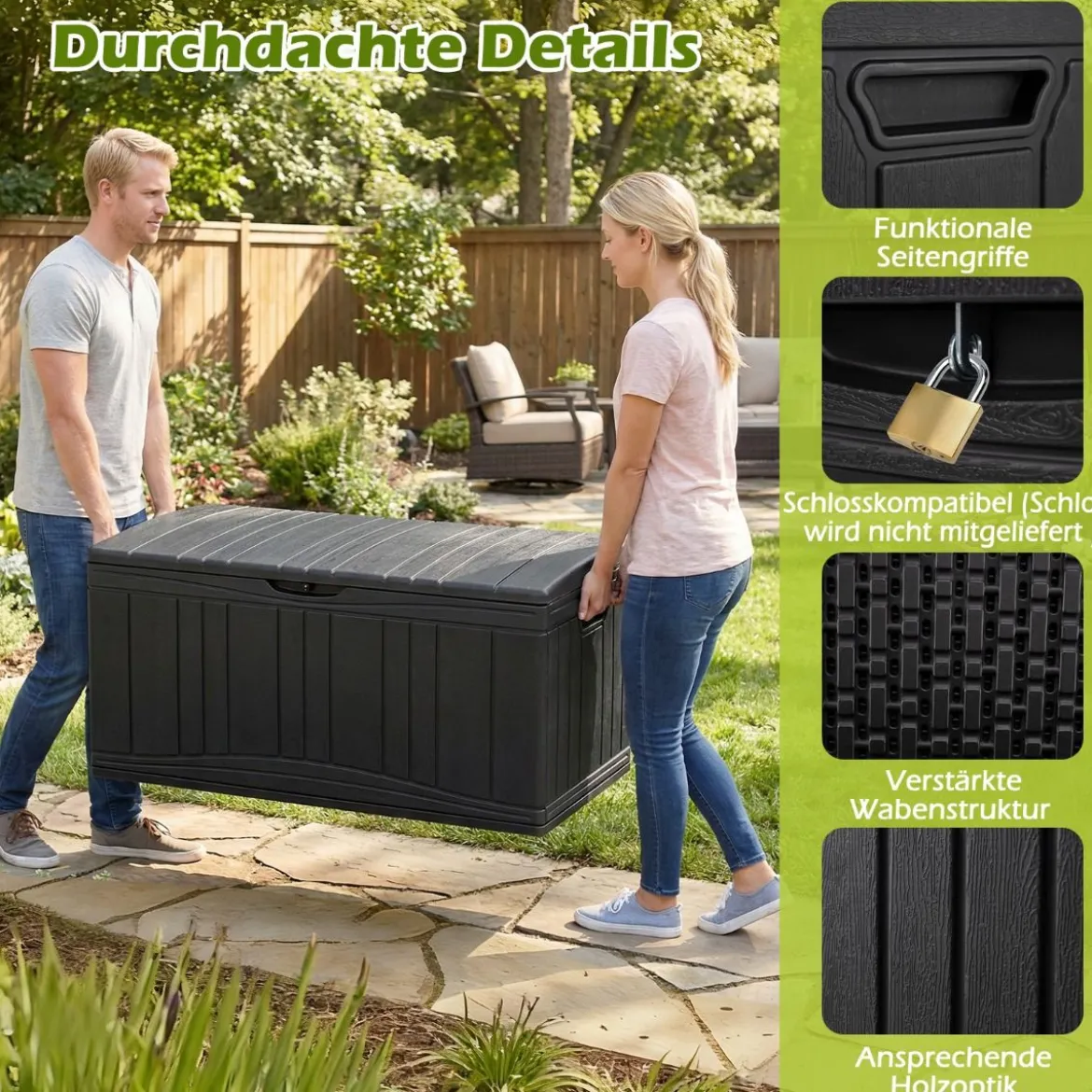 300 L Gartenbox großer HDPE-Aufbewahrungsbox mit Gasdruckfedern & abschließbarem Deckel Schwarz