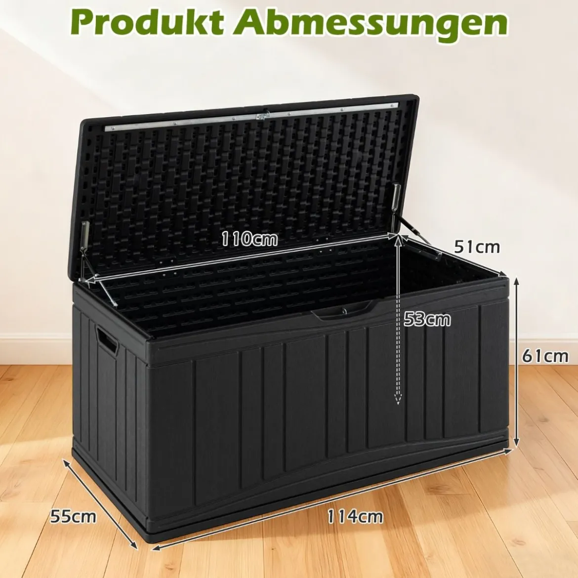 300 L Gartenbox großer HDPE-Aufbewahrungsbox mit Gasdruckfedern & abschließbarem Deckel Schwarz