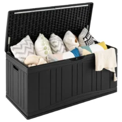 300 L Gartenbox großer HDPE-Aufbewahrungsbox mit Gasdruckfedern & abschließbarem Deckel Schwarz