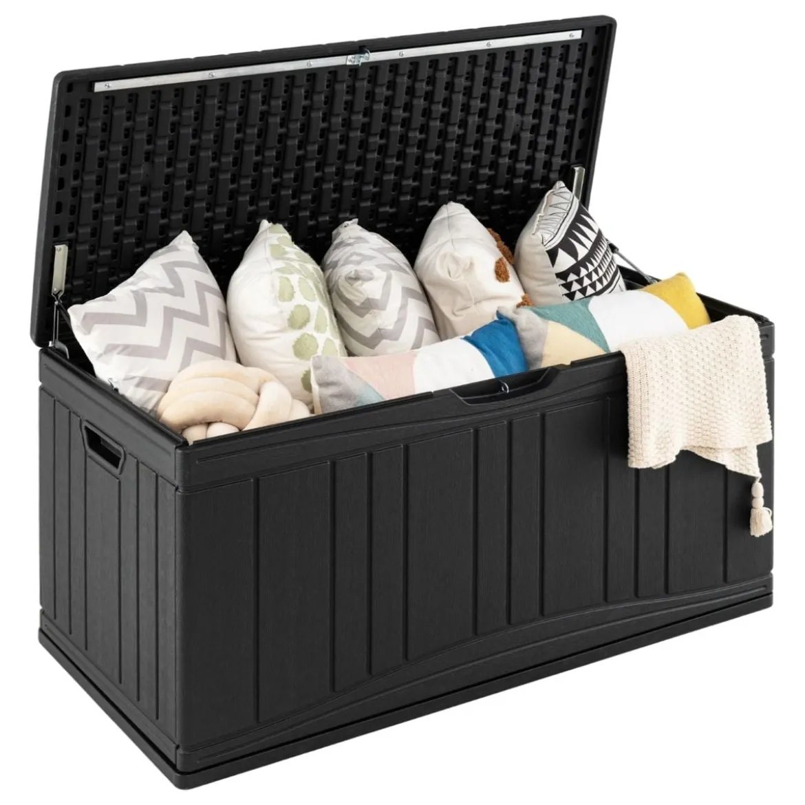 300 L Gartenbox großer HDPE-Aufbewahrungsbox mit Gasdruckfedern & abschließbarem Deckel Schwarz