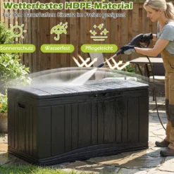 300 L Gartenbox großer HDPE-Aufbewahrungsbox mit Gasdruckfedern & abschließbarem Deckel Schwarz