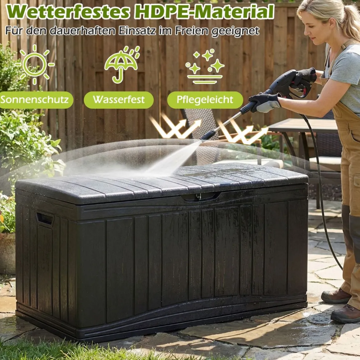 300 L Gartenbox großer HDPE-Aufbewahrungsbox mit Gasdruckfedern & abschließbarem Deckel Schwarz