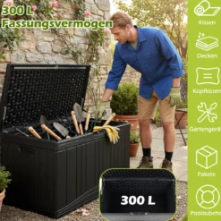 300 L Gartenbox großer HDPE-Aufbewahrungsbox mit Gasdruckfedern & abschließbarem Deckel Schwarz