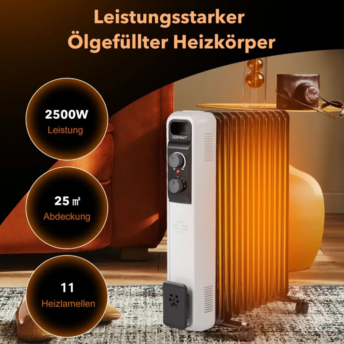 Ölgefüllter Heizkörper Elektroheizung mit 3 Heizstufen 49 x 24 x 62 cm Schwarz
