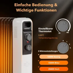 Ölgefüllter Heizkörper Elektroheizung mit 3 Heizstufen 49 x 24 x 62 cm Schwarz
