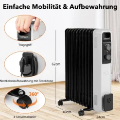 Ölgefüllter Heizkörper Elektroheizung mit 3 Heizstufen 49 x 24 x 62 cm Schwarz