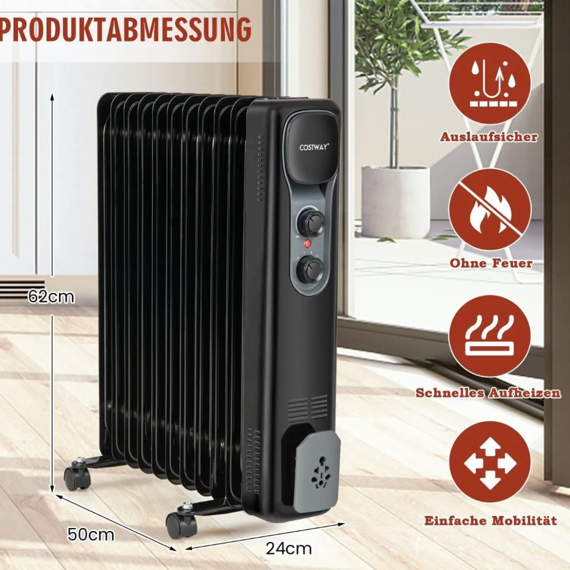 Ölgefüllter Heizkörper Tragbare Elektroheizung mit 3 Heizstufen 50 x 24 x 62 cm Schwarz