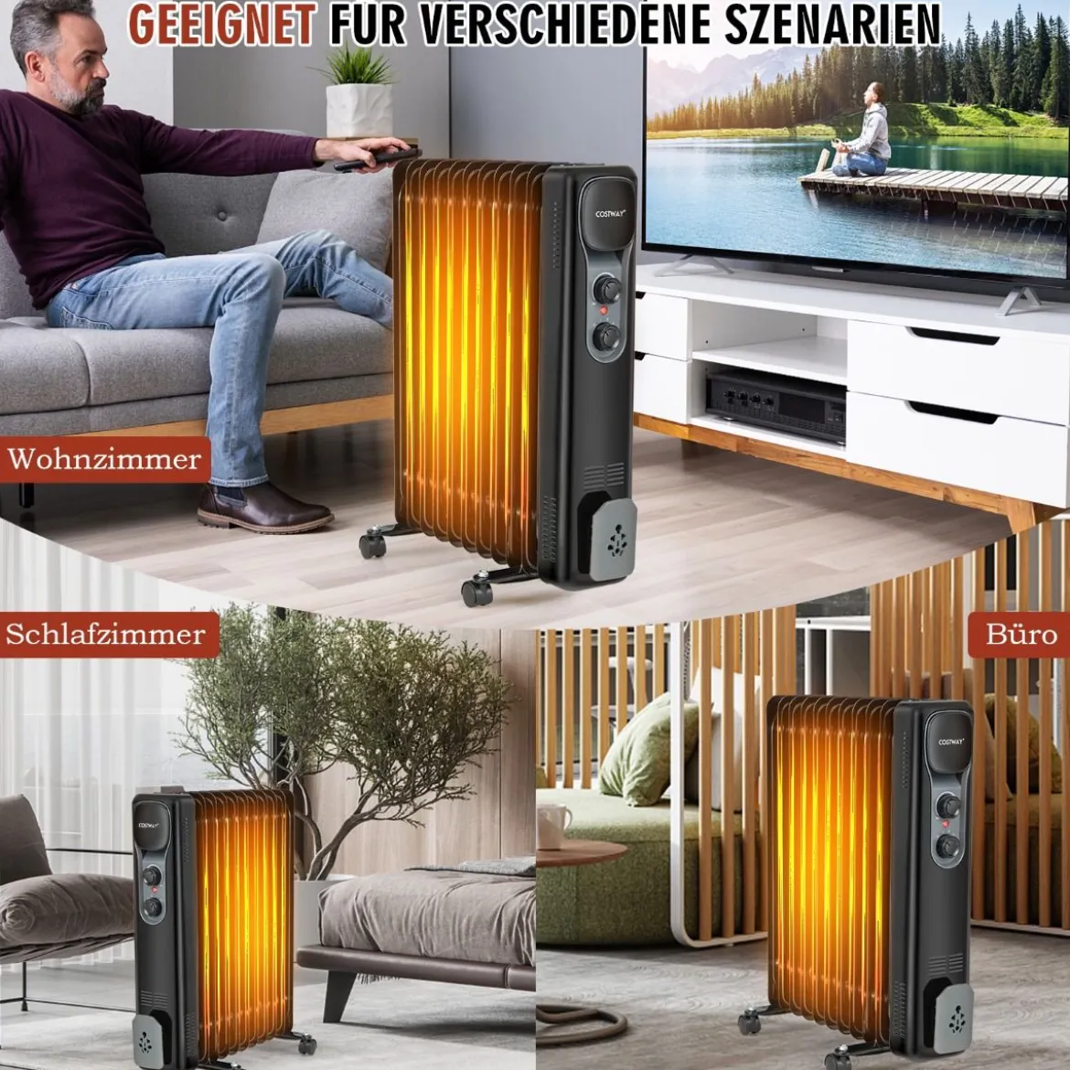 Ölgefüllter Heizkörper Tragbare Elektroheizung mit 3 Heizstufen 50 x 24 x 62 cm Schwarz