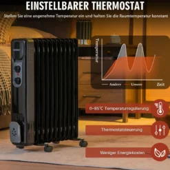 Ölgefüllter Heizkörper Tragbare Elektroheizung mit 3 Heizstufen 50 x 24 x 62 cm Schwarz