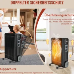Ölgefüllter Heizkörper Tragbare Elektroheizung mit 3 Heizstufen 50 x 24 x 62 cm Schwarz
