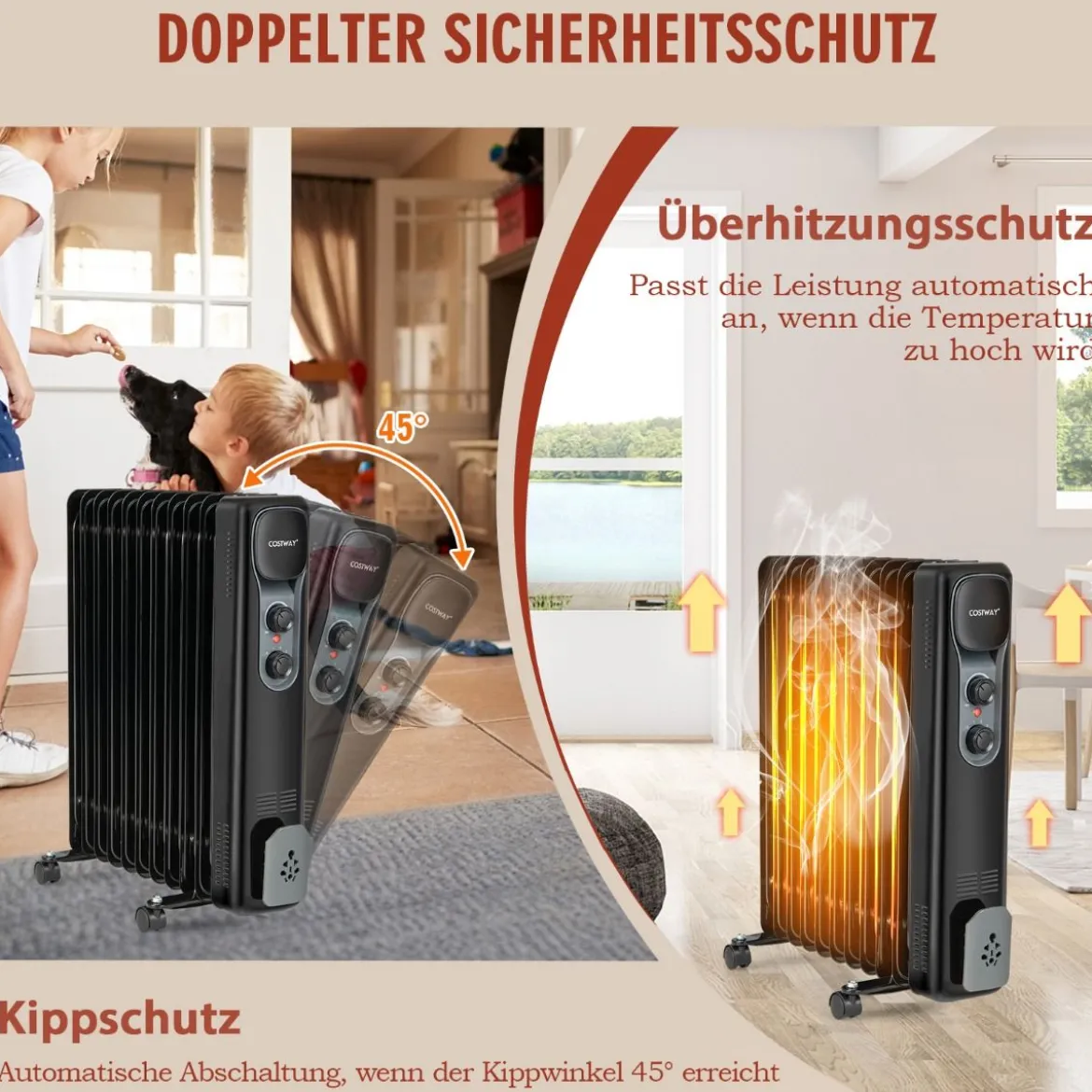 Ölgefüllter Heizkörper Tragbare Elektroheizung mit 3 Heizstufen 50 x 24 x 62 cm Schwarz