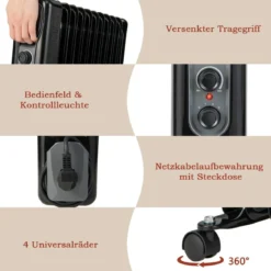 Ölgefüllter Heizkörper Tragbare Elektroheizung mit 3 Heizstufen 50 x 24 x 62 cm Schwarz