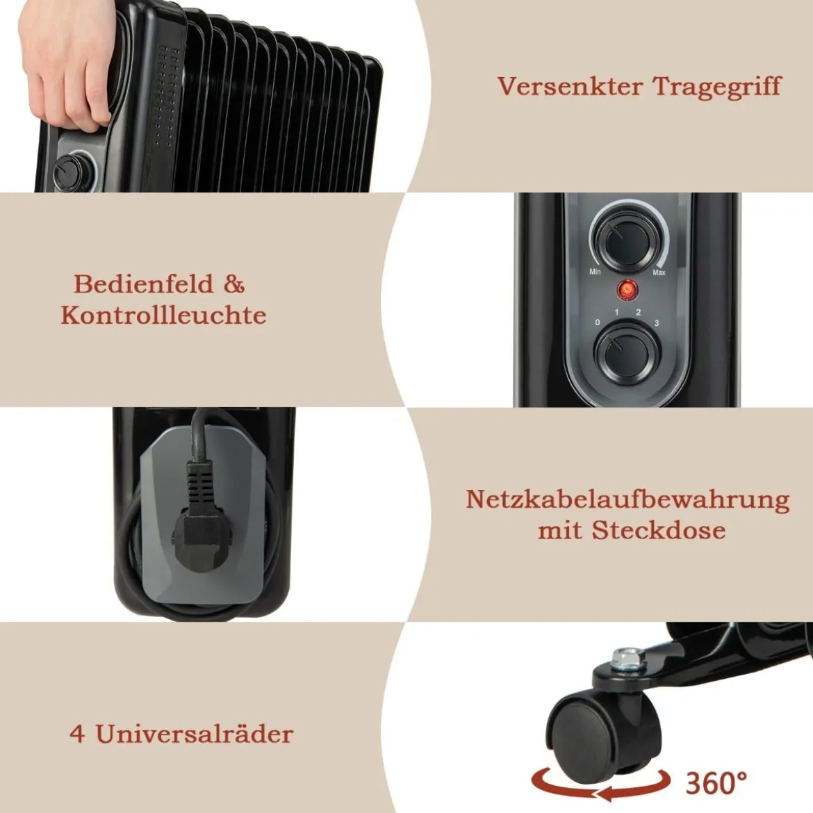 Ölgefüllter Heizkörper Tragbare Elektroheizung mit 3 Heizstufen 50 x 24 x 62 cm Schwarz