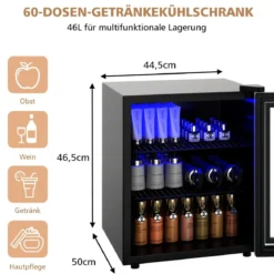 46L Getränkekühlschrank mit Glastür Flaschenkühlschrank 44,5 x 46 x 49,5 cm Schwarz