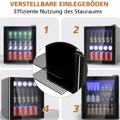 46L Getränkekühlschrank mit Glastür Flaschenkühlschrank 44,5 x 46 x 49,5 cm Schwarz