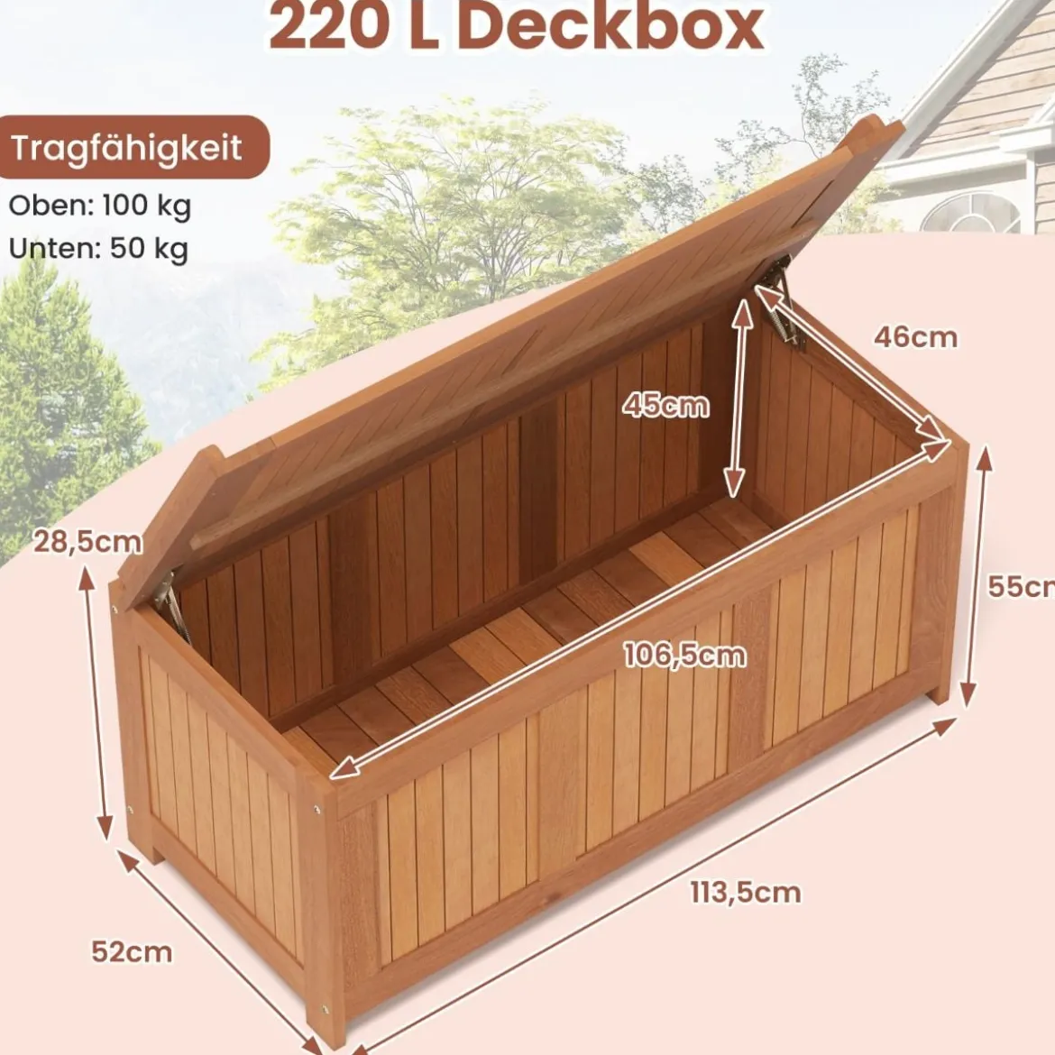 220L Holz Gartenbox mit Deckel Holztruhe bis 150 kg Belastbar Auflagenbox Aufbewahrungsbox