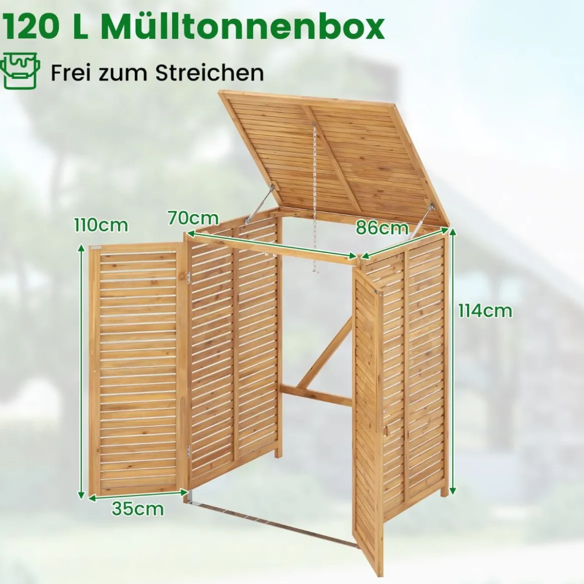 120 L Holz Mülltonnenhaus mit Öffnendem Deckel & Doppeltüren & Abschließbarem Riegel