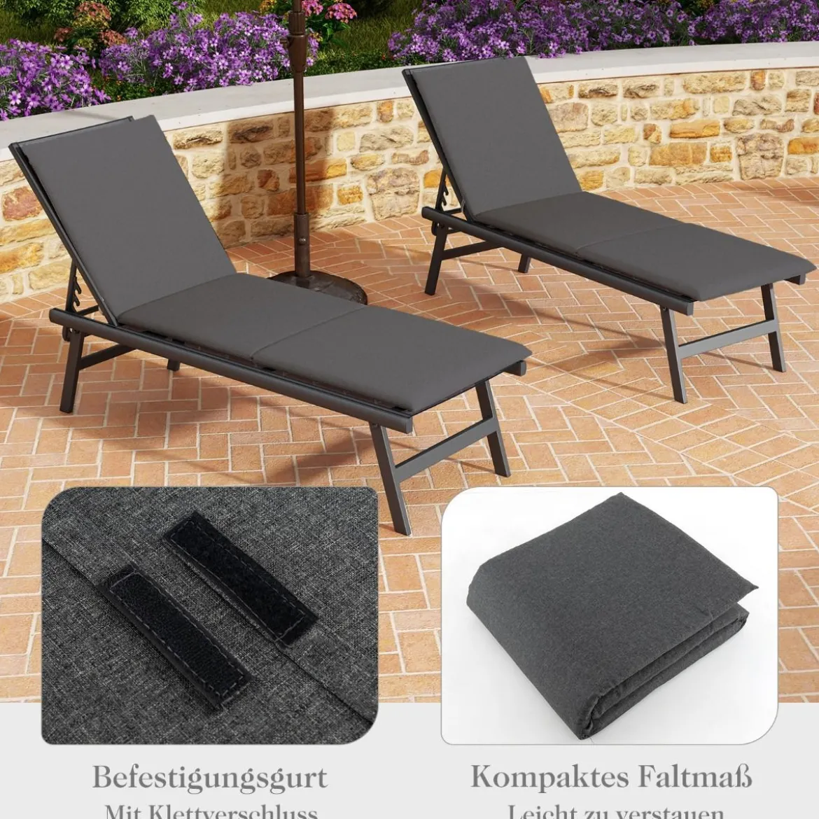 Liegenauflage Auflage für Sonnenliege Polsterauflage für Gartenliege 182 x 59 x 4,5 cm Dunkelgrau