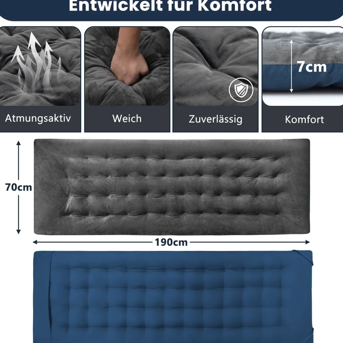 Liegenauflagen 190 x 70 x 7 cm dickes Liegestuhl-Kissen mit 4 Befestigungsbändern Bett-Befestigungstasche Grau