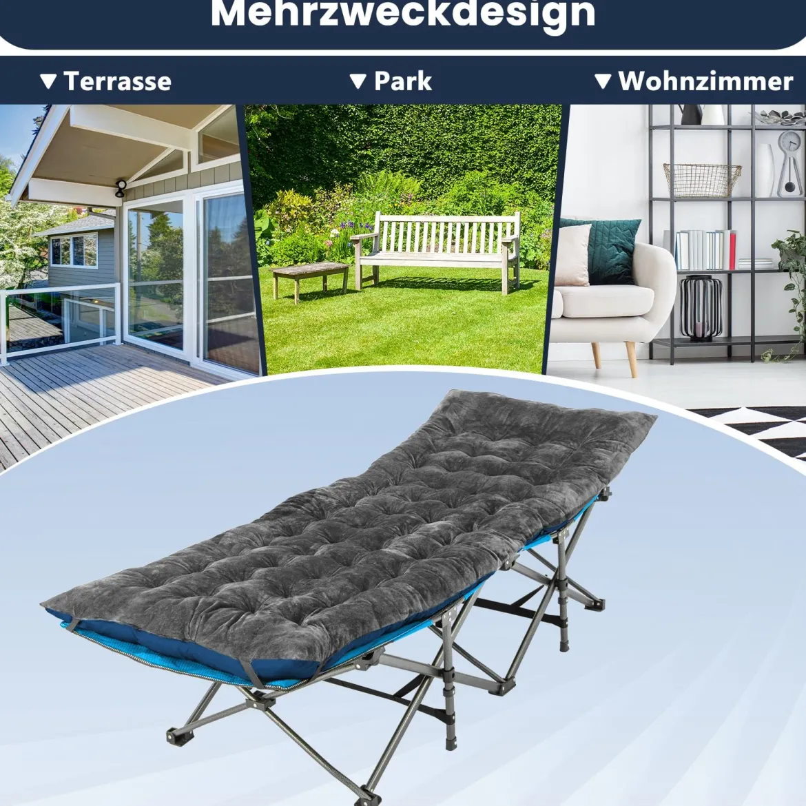 Liegenauflagen 190 x 70 x 7 cm dickes Liegestuhl-Kissen mit 4 Befestigungsbändern Bett-Befestigungstasche Grau