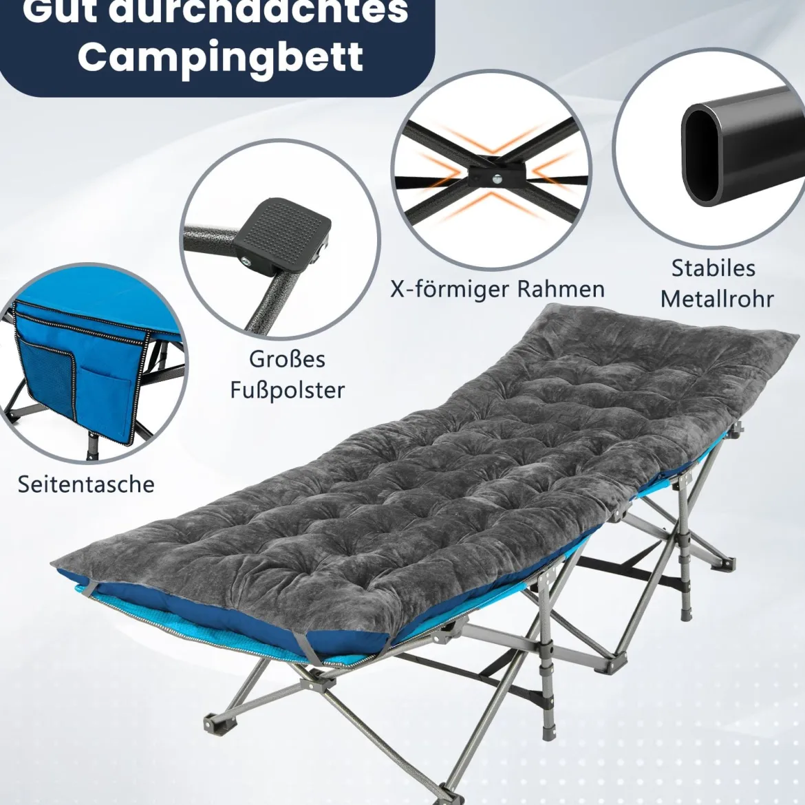 Liegenauflagen 190 x 70 x 7 cm dickes Liegestuhl-Kissen mit 4 Befestigungsbändern Bett-Befestigungstasche Grau