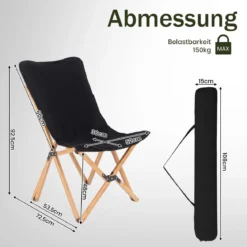 Liegestuhl 2er Set Klappstuhl aus Bambus mit Seitentasche Faltstuhl bis 150 kg belastbar Schwarz